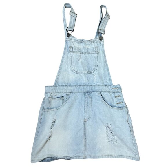 FOREVER 21 Distressed Denim Jeans Overalls Dress Skirt Size Small - Picture 1 of 8